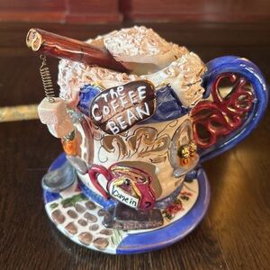 Blue Sky Hand-Painted Coffee Bean Mug Figurine in Blue, White, Red and Gold